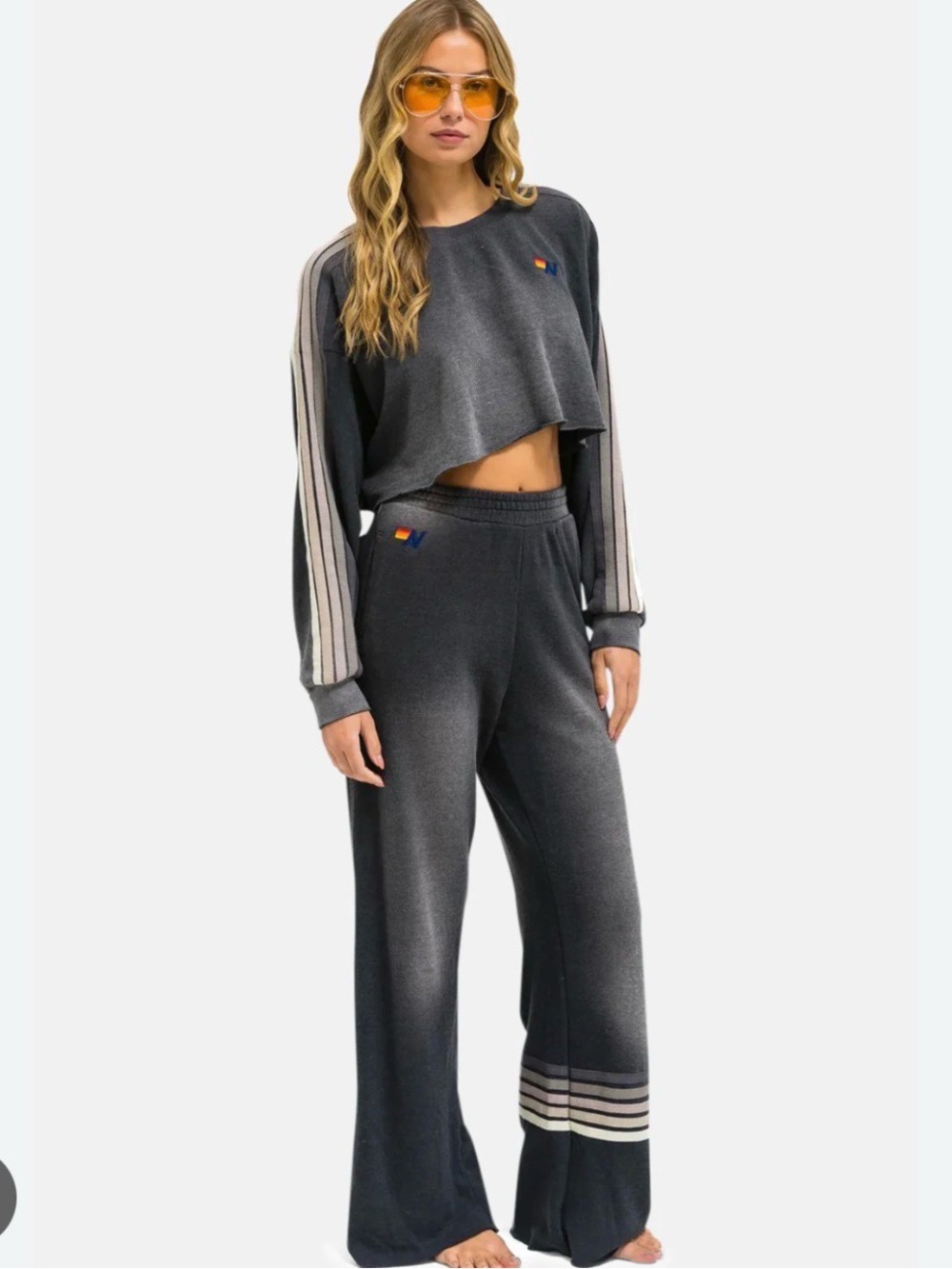 Aviator Nation Cropped Sweatshirt Rugby Stitch Sweatpants Faded Smoke Small